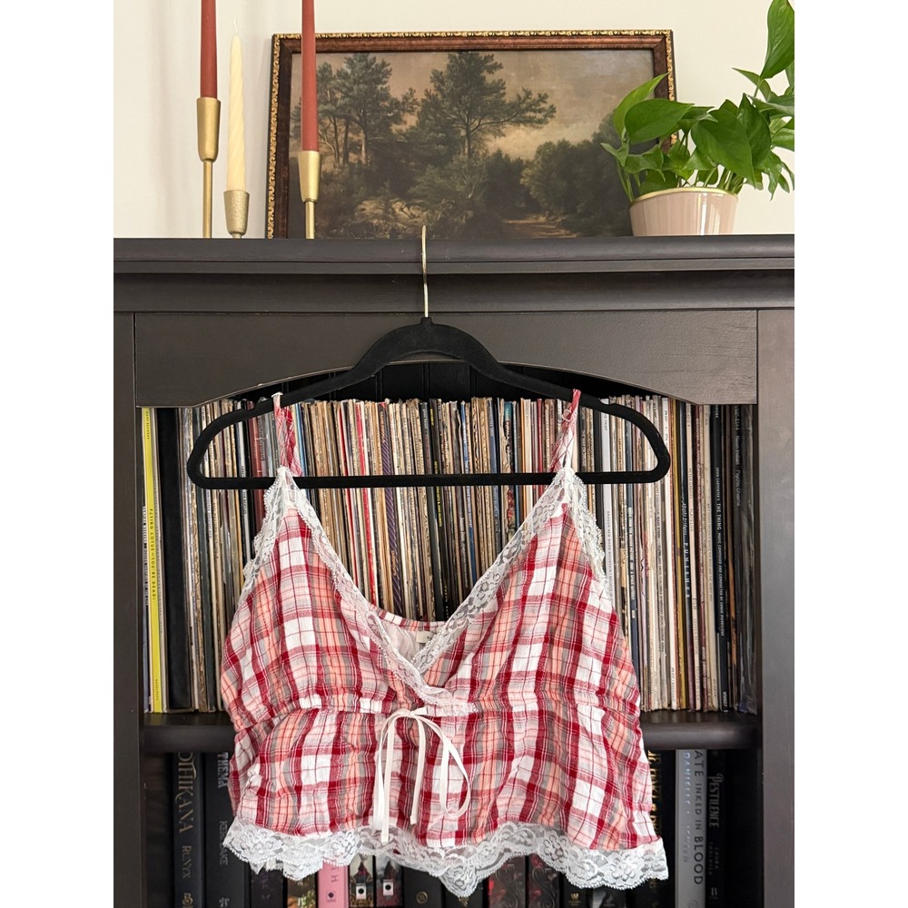 American Eagle Plaid Camisole L Red Lace Trim Bow Crop Top Y2K Preppy